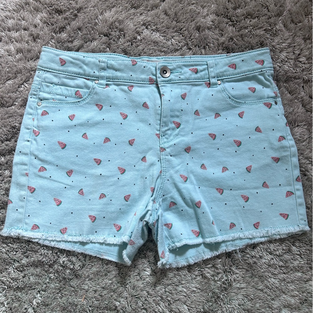 teal watermelon kids denim shorts
